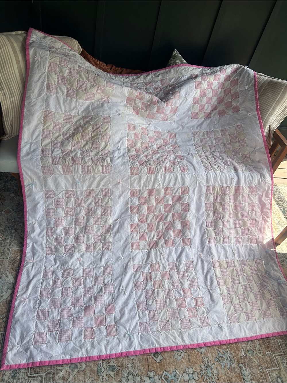Vintage Quilt Handmade Pink and White Patchwork Quilt - Classic Twin Bedding
